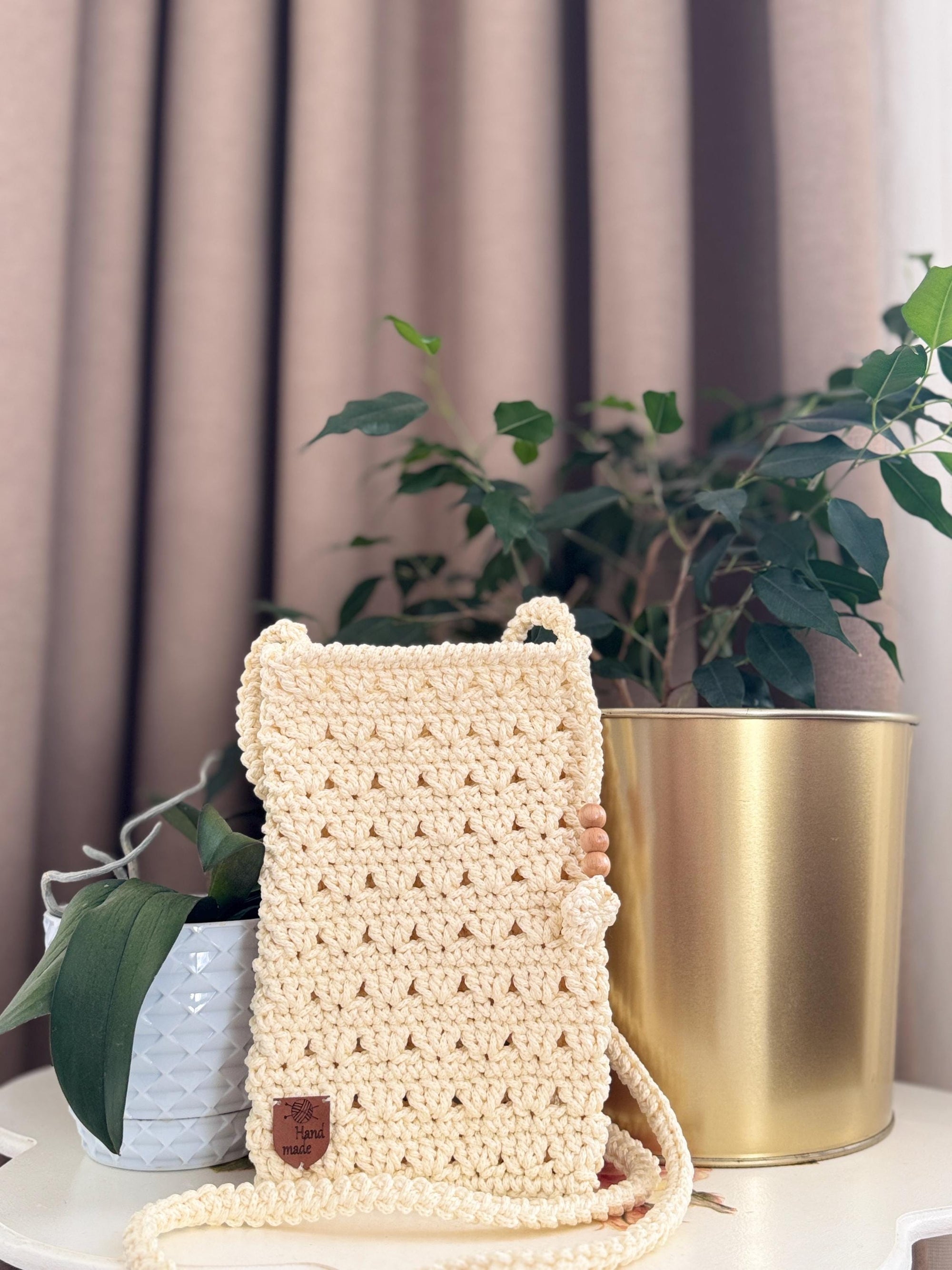 Handmade Örgü Telefon Çantası – Makrome Crossbody, Günlük ve Seyahat Çantası