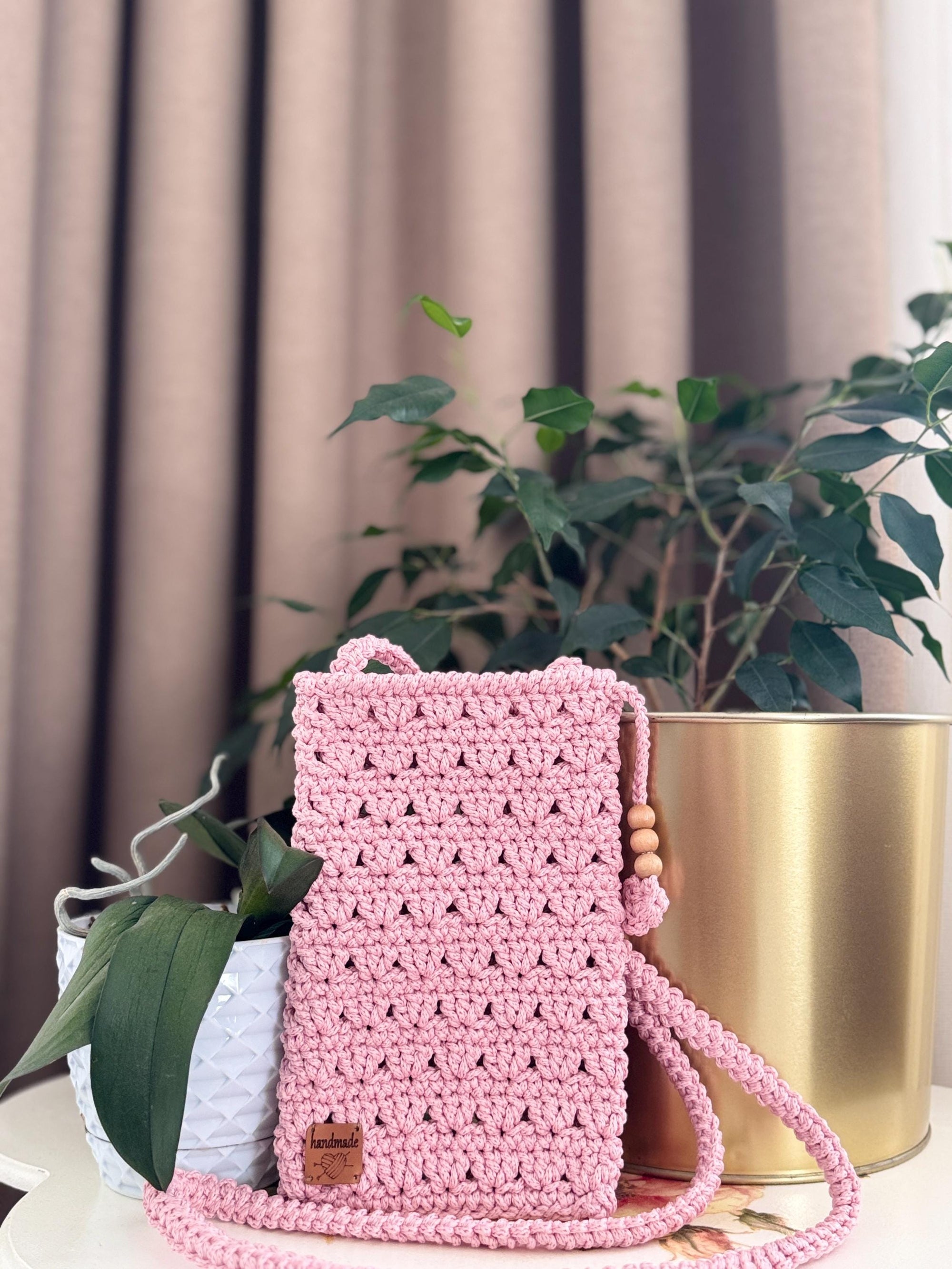 Handmade Örgü Telefon Çantası – Makrome Crossbody, Günlük ve Seyahat Çantası