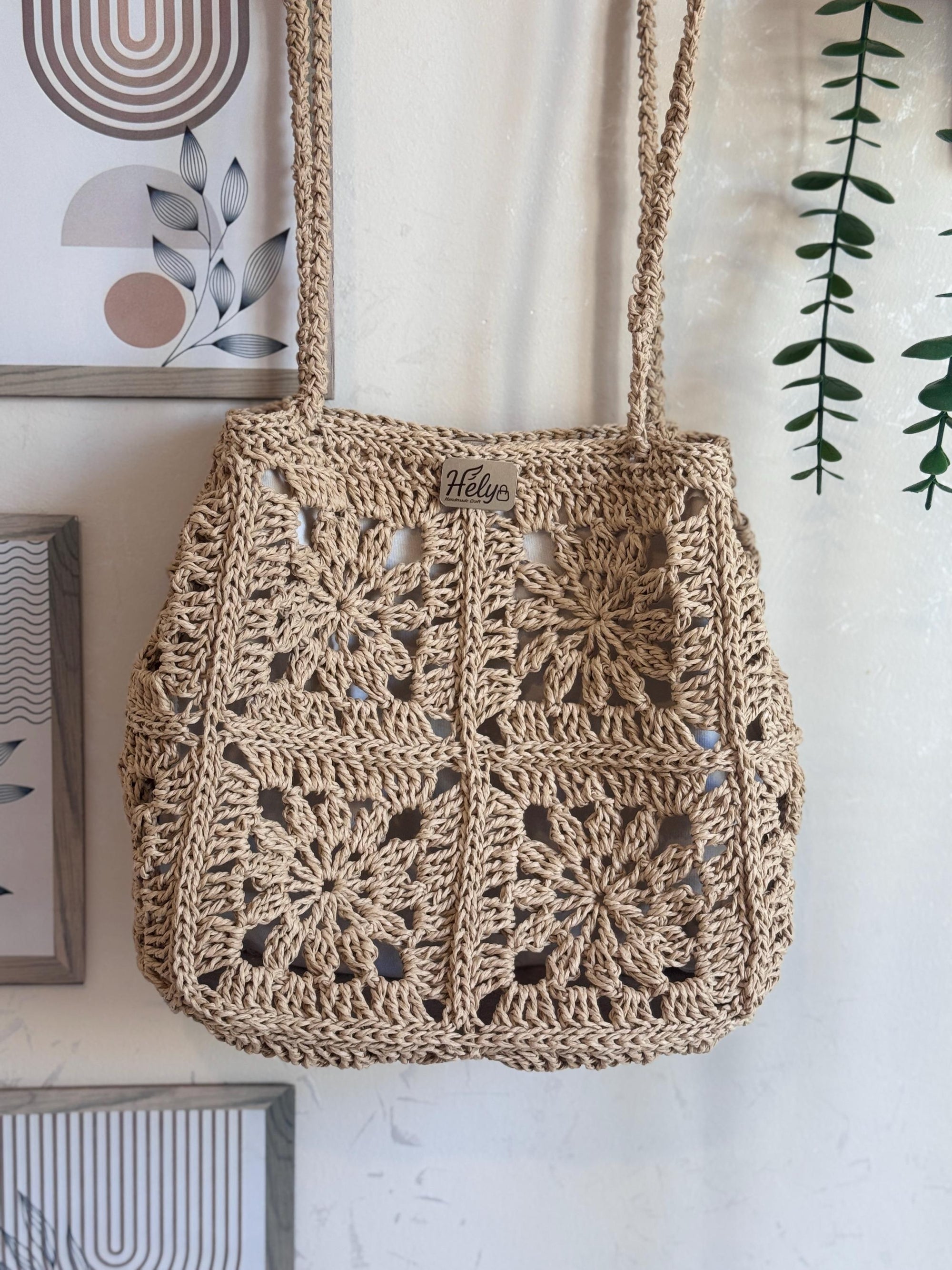 El Yapımı Örgü Omuz Çantası – Boho Günlük Tote, Kare Motif Tasarım, Kağıt İp Çanta
