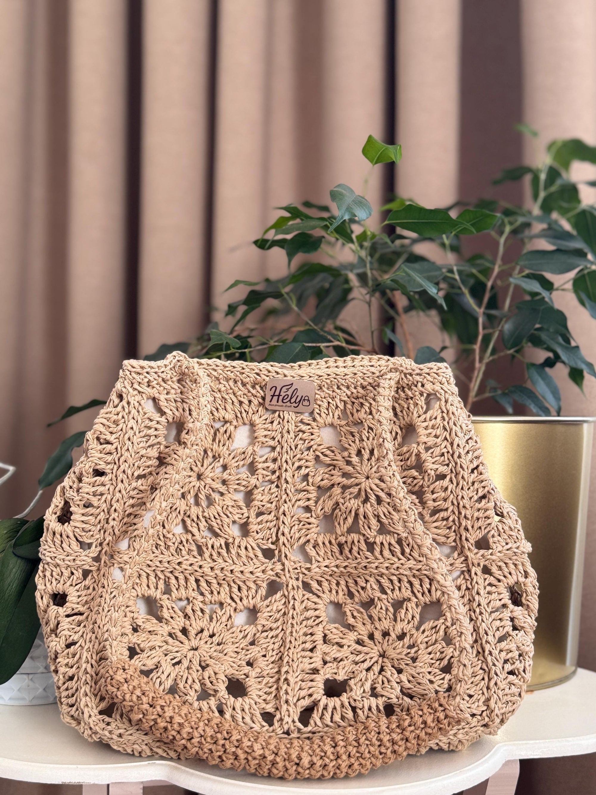El Yapımı Örgü Omuz Çantası – Boho Günlük Tote, Kare Motif Tasarım, Kağıt İp Çanta