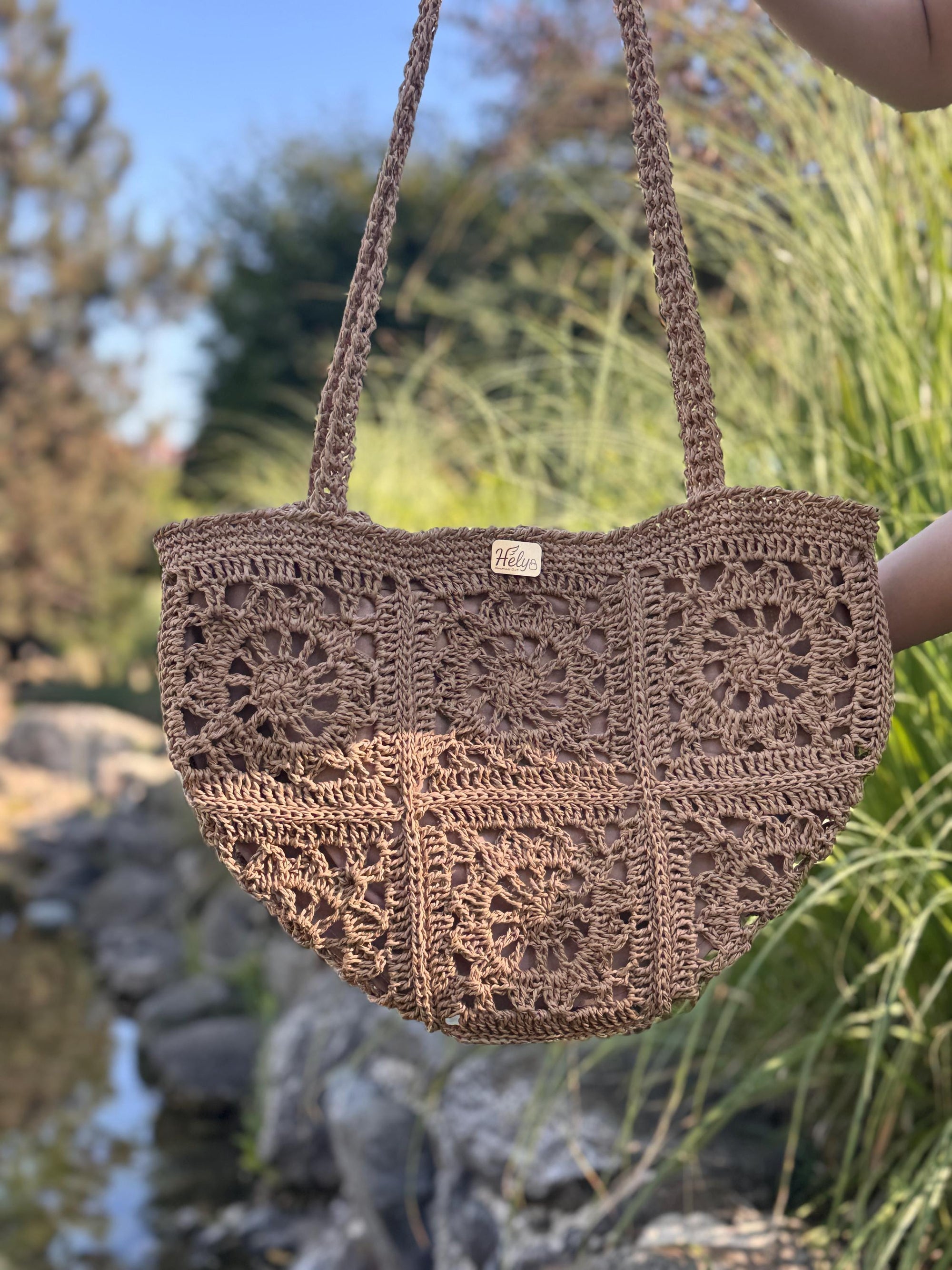Helybag El Yapımı Örgü Tote Çanta – Kağıt İp Omuz Çantası, Bohem Yaz Plaj Çantası
