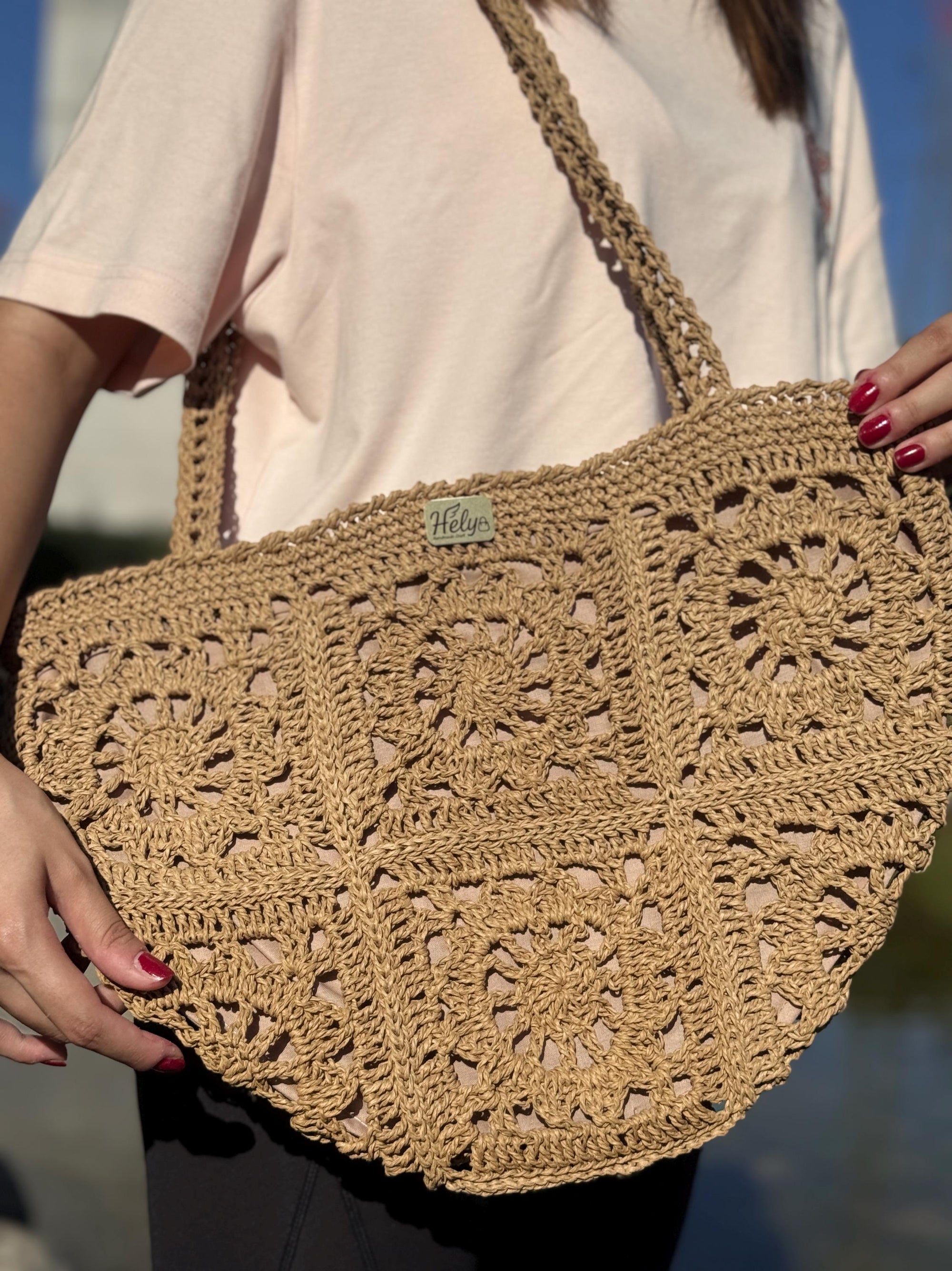Helybag El Yapımı Örgü Tote Çanta – Kağıt İp Omuz Çantası, Bohem Yaz Plaj Çantası