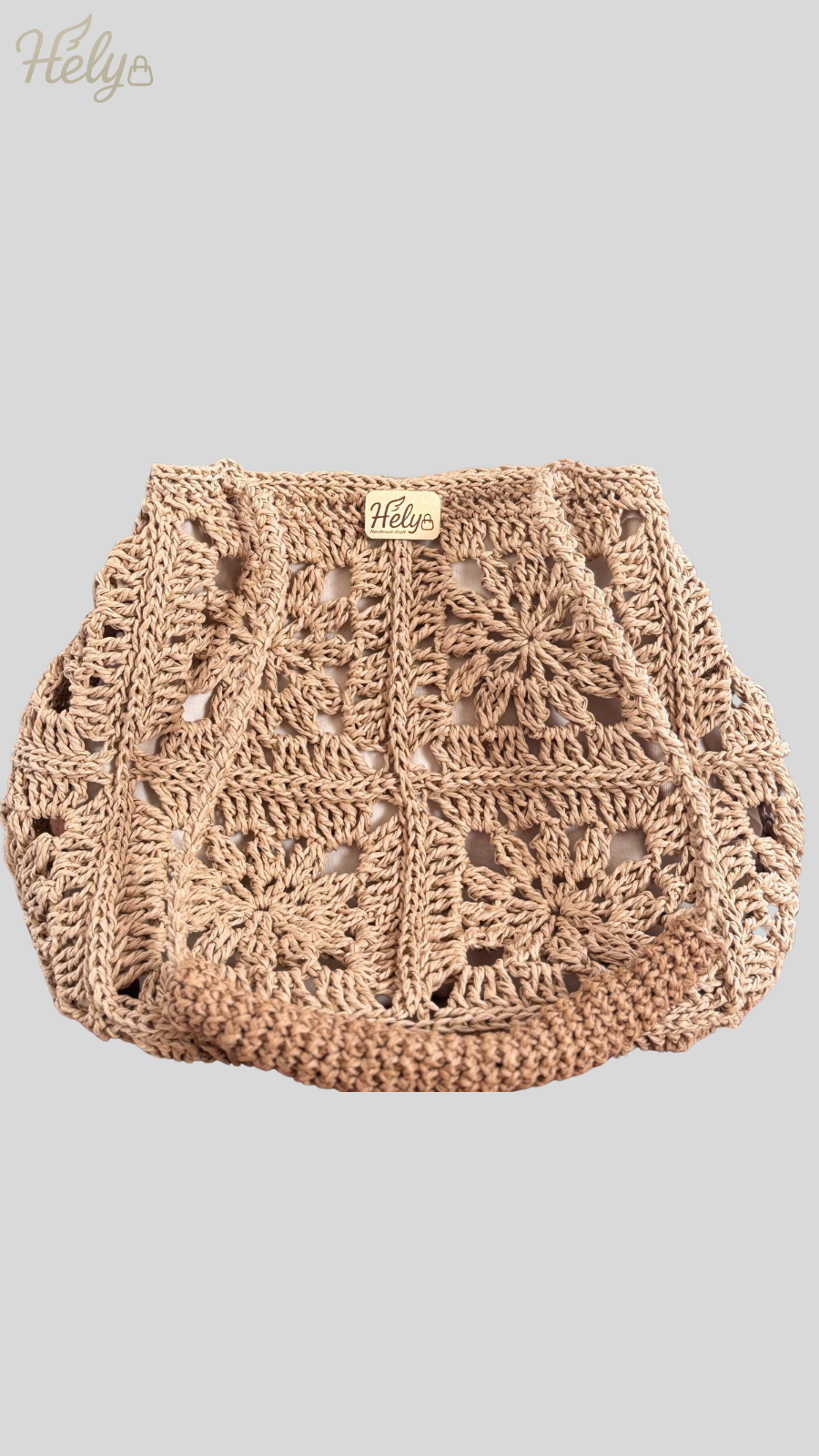 El Yapımı Örgü Omuz Çantası – Boho Günlük Tote, Kare Motif Tasarım, Kağıt İp Çanta