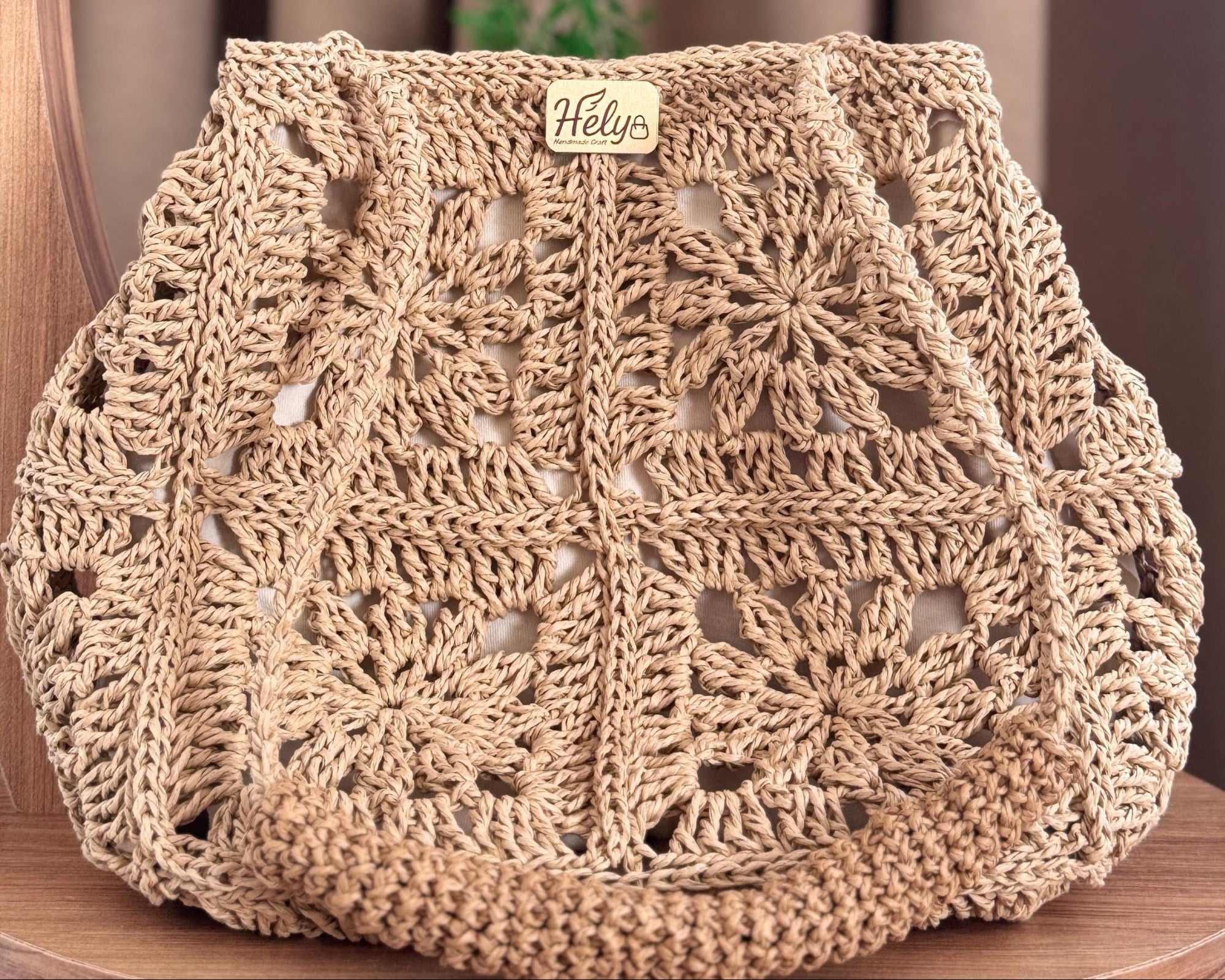 El Yapımı Örgü Omuz Çantası – Boho Günlük Tote, Kare Motif Tasarım, Kağıt İp Çanta