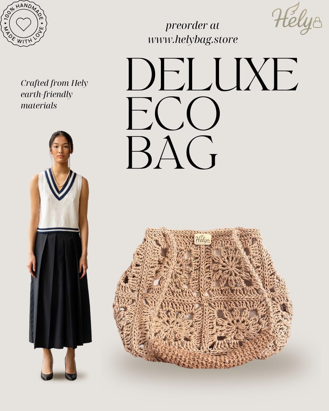 El Yapımı Örgü Omuz Çantası – Boho Günlük Tote, Kare Motif Tasarım, Kağıt İp Çanta